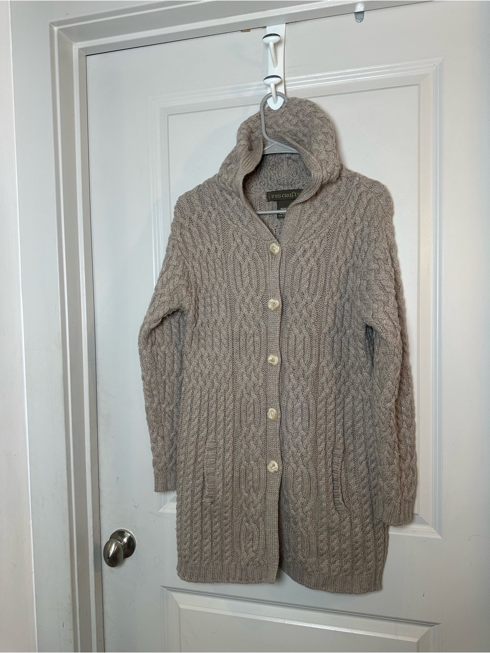 INIS CRAFT 100% Merino Wool Ireland Fishermen Cableknit Tan Long Line Sweater, L